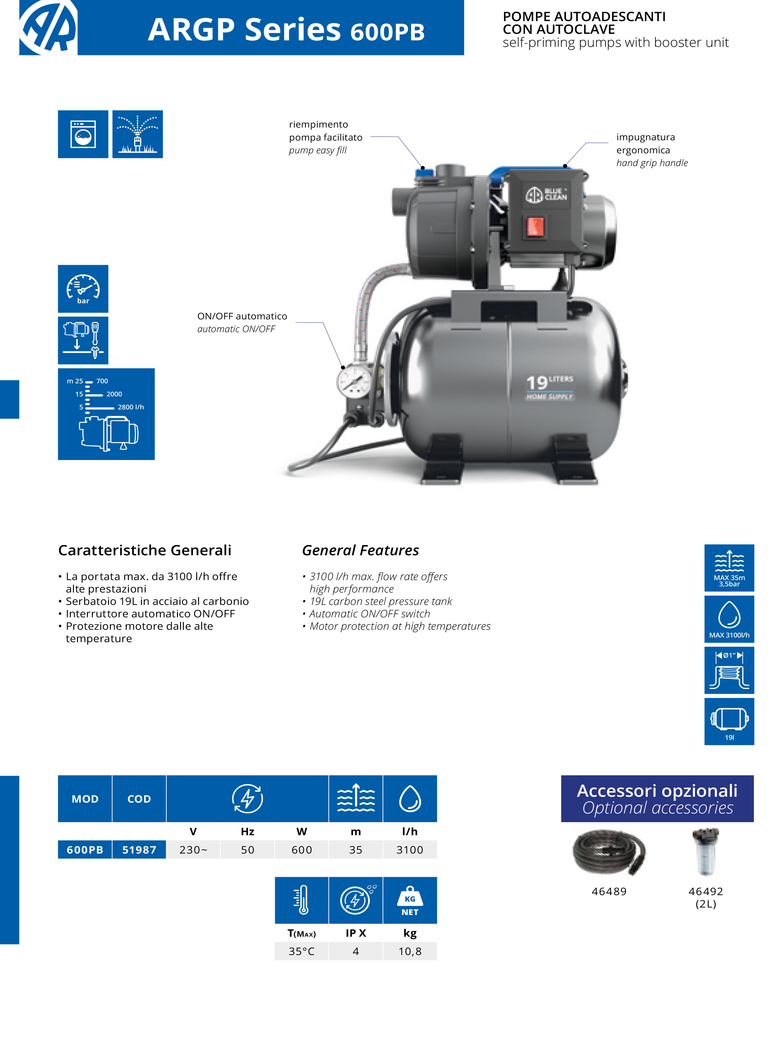 Ūdens sūknis pašsūcošais ar pastiprinātāju AR Blue Clean 600PB