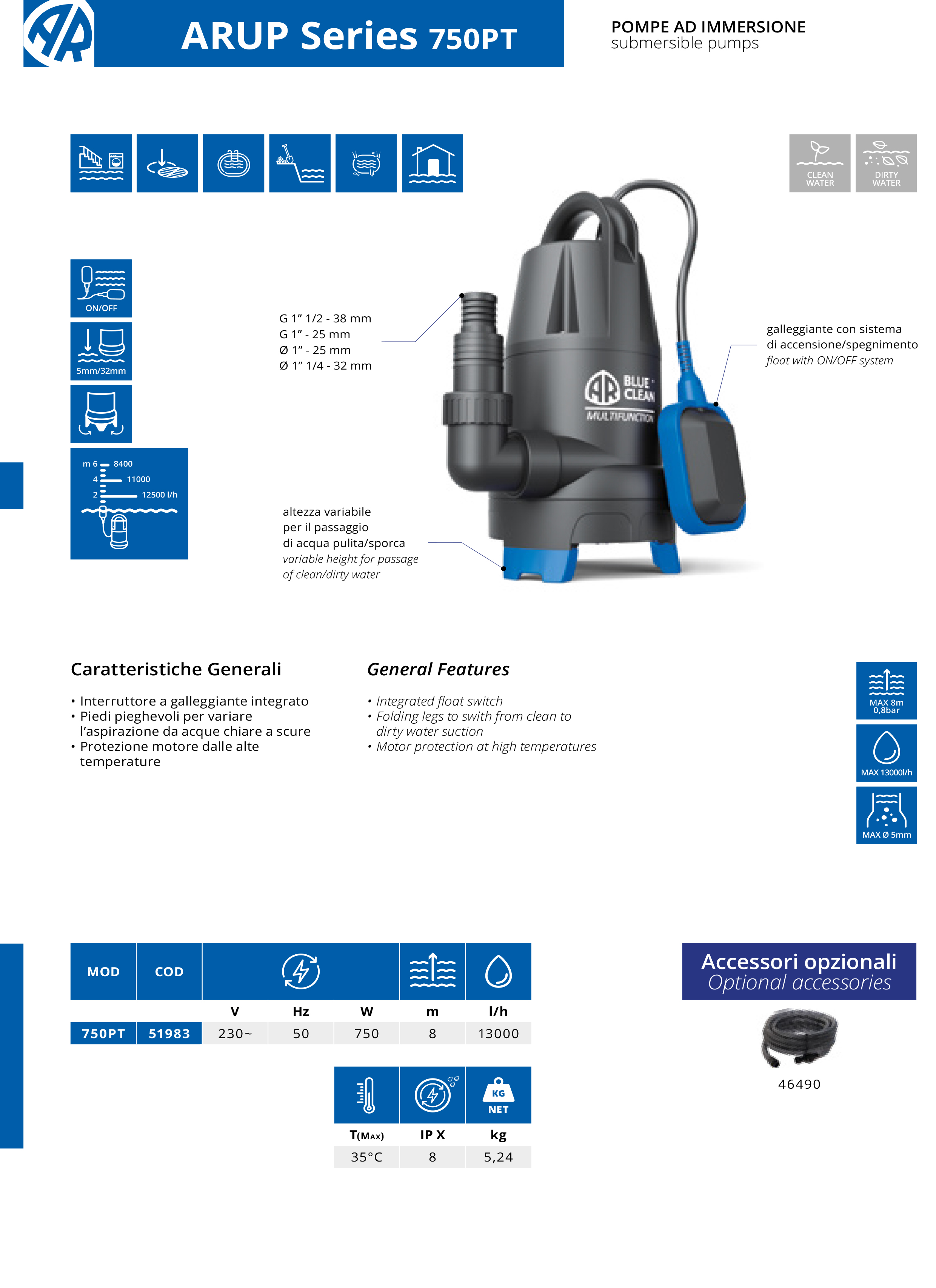Ūdens sūknis iegremdējams AR Blue Clean 750PT